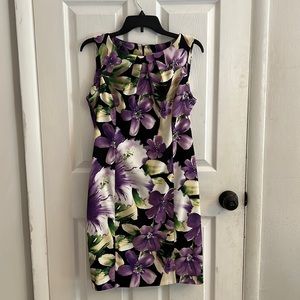 Dress Barn Sleeveless Dress. Black with purple floral print throughout. Size 10